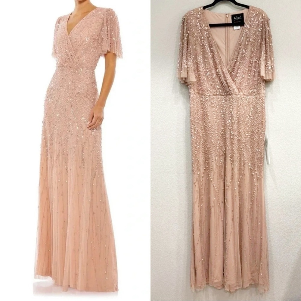 NWOT Mac‎ Duggal 35109 Flutter Short Sleeve Surplice V-Neck Beaded Sheath Gown
